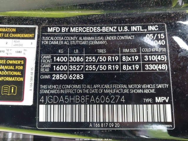 Aukcja sprzedaży 2015 Mercedes-benz Ml 350 4matic, vin: 4JGDA5HB8FA606274, numer aukcji: 45736028