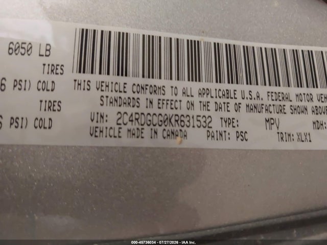 2019 Dodge Grand Caravan Sxt მანქანა იყიდება აუქციონზე, vin: 2C4RDGCG0KR631532, აუქციონის ნომერი: 45736034