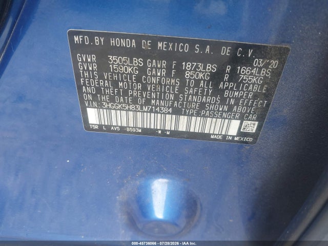Aukcja sprzedaży 2020 Honda Fit Ex, vin: 3HGGK5H83LM714384, numer aukcji: 45736066