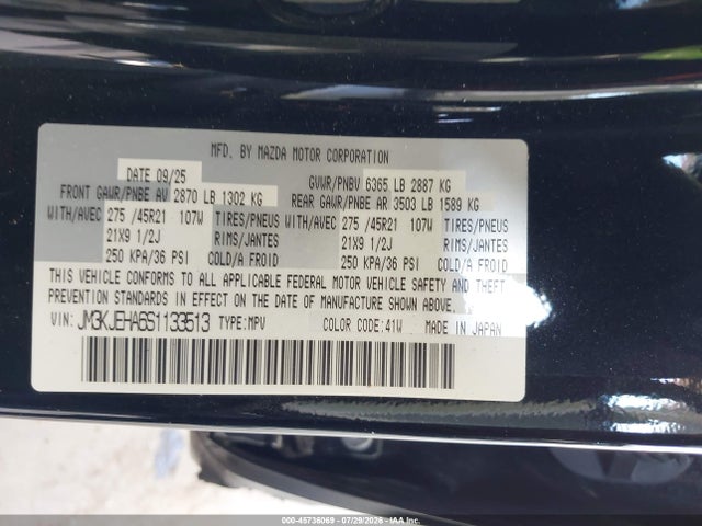 45736069 :رقم المزاد ، JM3KJEHA6S1133513 vin ، 2025 Mazda Cx-70 Phev Premium Plus Package مزاد بيع