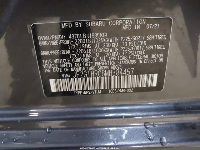 Продажа на аукционе авто 2021 Subaru Crosstrek Sport, vin: JF2GTHRC8MH384457, номер лота: 45736070