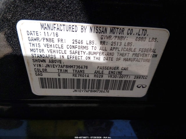 Продажа на аукционе авто 2017 Infiniti Q50 3.0t Premium, vin: JN1EV7AP8HM736476, номер лота: 45736071