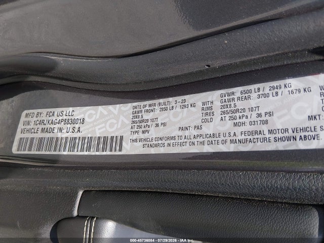 Aukcja sprzedaży 2023 Jeep Grand Cherokee L Altitude 4x4, vin: 1C4RJKAG4P8830018, numer aukcji: 45736084