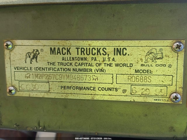45736095 :رقم المزاد ، 1M2P267C9YM048673 vin ، 2000 Mack 600 Rd600 مزاد بيع