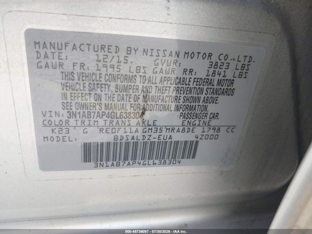 2016 Nissan Sentra Fe+ S/s/sl/sr/sv მანქანა იყიდება აუქციონზე, vin: 3N1AB7AP4GL638304, აუქციონის ნომერი: 45736097
