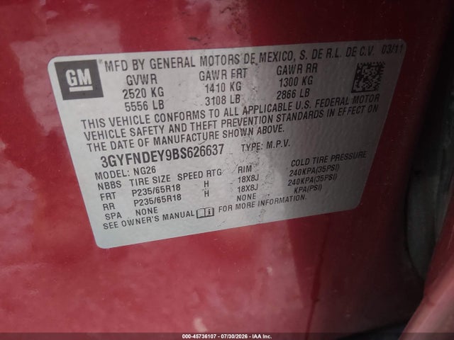 45736107 :رقم المزاد ، 3GYFNDEY9BS626637 vin ، 2011 Cadillac Srx Luxury Collection مزاد بيع