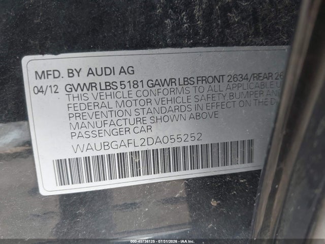 45736125 :رقم المزاد ، WAUBGAFL2DA055252 vin ، 2013 Audi S4 3.0t Premium Plus مزاد بيع