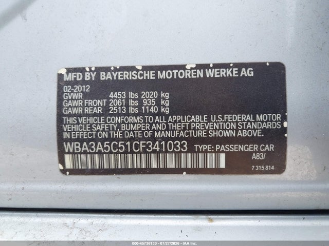 45736130 :رقم المزاد ، WBA3A5C51CF341033 vin ، 2012 Bmw 328i مزاد بيع