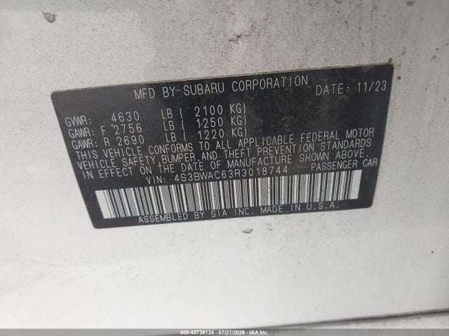 2024 Subaru Legacy Premium მანქანა იყიდება აუქციონზე, vin: 4S3BWAC63R3018744, აუქციონის ნომერი: 45736134