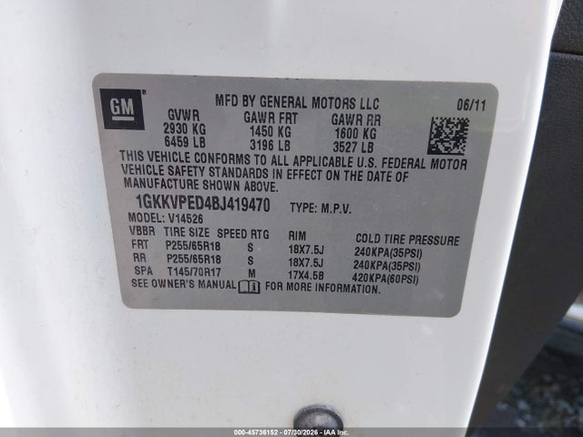 Продаж на аукціоні авто 2011 Gmc Acadia Sle, vin: 1GKKVPED4BJ419470, номер лоту: 45736152