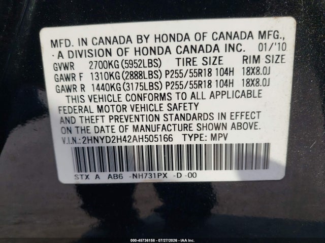 45736158 :رقم المزاد ، 2HNYD2H42AH505166 vin ، 2010 Acura Mdx Technology Package مزاد بيع