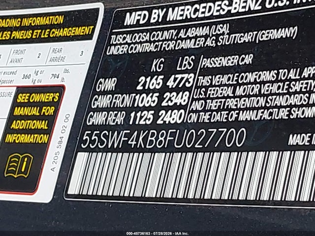 45736163 :رقم المزاد ، 55SWF4KB8FU027700 vin ، 2015 Mercedes-benz C 300 4matic مزاد بيع