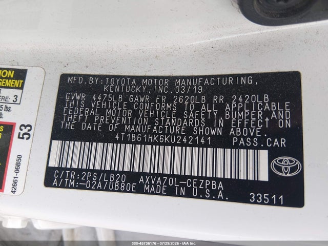 Продажа на аукционе авто 2019 Toyota Camry Xse, vin: 4T1B61HK6KU242141, номер лота: 45736176