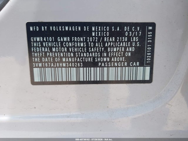 2017 Volkswagen Jetta 1.4t S მანქანა იყიდება აუქციონზე, vin: 3VW167AJ8HM340263, აუქციონის ნომერი: 45736182