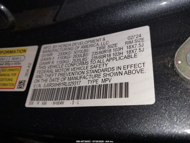 2024 Honda Cr-v Hybrid Sport-l მანქანა იყიდება აუქციონზე, vin: 5J6RS6H81RL029317, აუქციონის ნომერი: 45736203