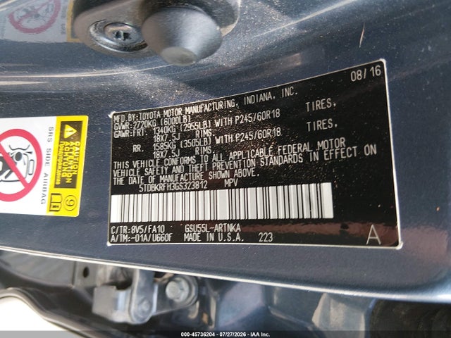 Aukcja sprzedaży 2016 Toyota Highlander Le Plus V6, vin: 5TDBKRFH3GS323812, numer aukcji: 45736204
