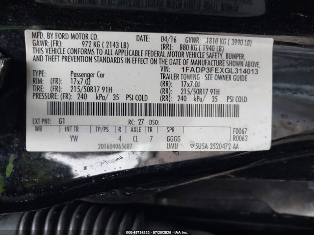 Продажа на аукционе авто 2016 Ford Focus Se, vin: 1FADP3FEXGL314013, номер лота: 45736233
