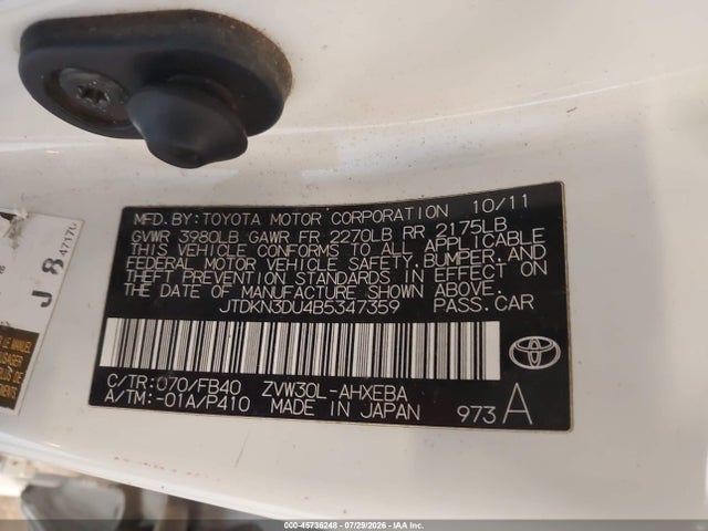 45736248 :رقم المزاد ، JTDKN3DU4B5347359 vin ، 2011 Toyota Prius Three مزاد بيع