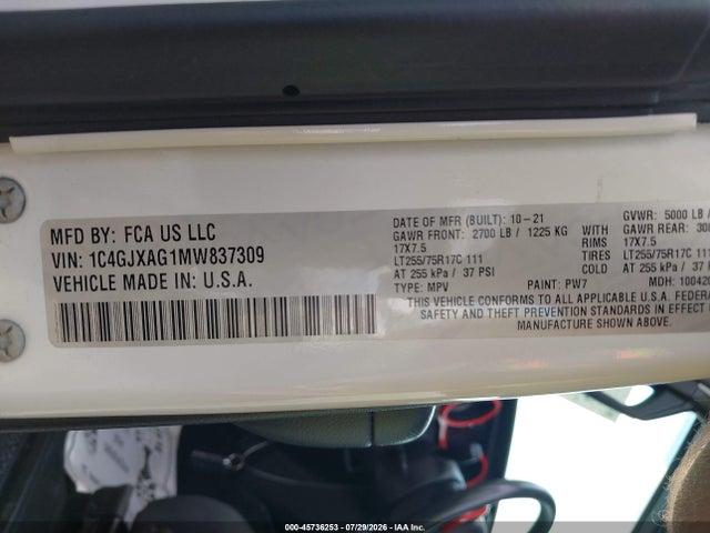 Auction sale of the 2021 Jeep Wrangler Willys 4x4, vin: 1C4GJXAG1MW837309, lot number: 45736253