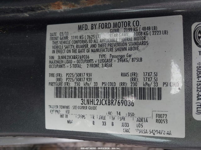 2011 Lincoln Mkz მანქანა იყიდება აუქციონზე, vin: 3LNHL2JCXBR769036, აუქციონის ნომერი: 45736255