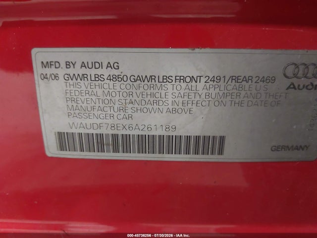 Aukcja sprzedaży 2006 Audi A4 2.0t, vin: WAUDF78EX6A261189, numer aukcji: 45736256