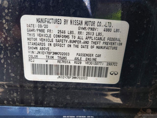 45736264 :رقم المزاد ، JN1EV7BP3MM702003 vin ، 2021 Infiniti Q50 Luxe مزاد بيع