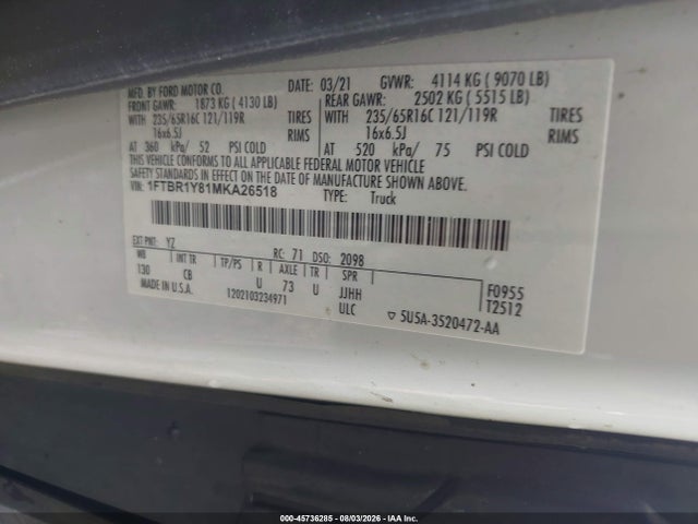 45736285 :رقم المزاد ، 1FTBR1Y81MKA26518 vin ، 2021 Ford Transit-250 مزاد بيع
