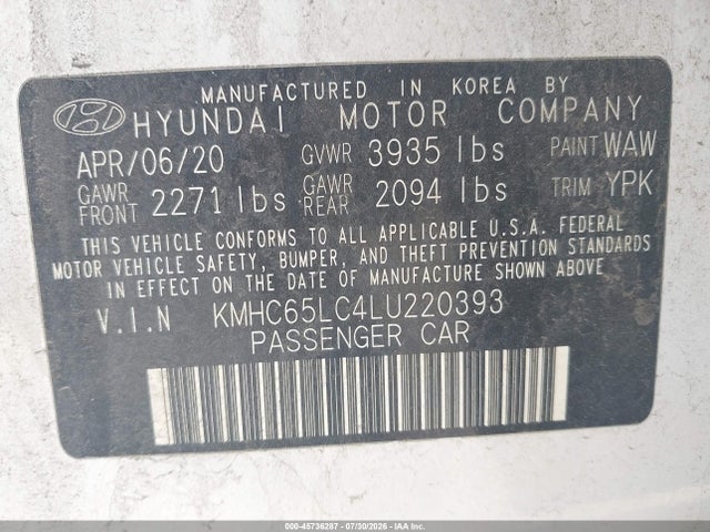 2020 Hyundai Ioniq Hybrid Blue მანქანა იყიდება აუქციონზე, vin: KMHC65LC4LU220393, აუქციონის ნომერი: 45736287