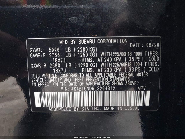 45736300 :رقم المزاد ، 4S4BTGND6L3264312 vin ، 2020 Subaru Outback Limited Xt مزاد بيع