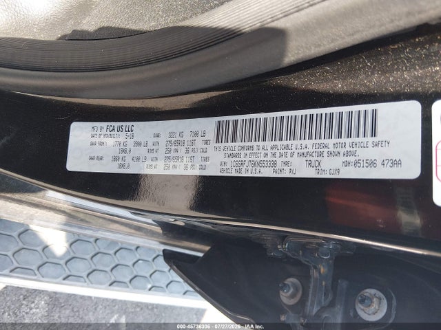 Продажа на аукционе авто 2019 Ram 1500 Laramie, vin: 1C6SRFJT6KN553338, номер лота: 45736306