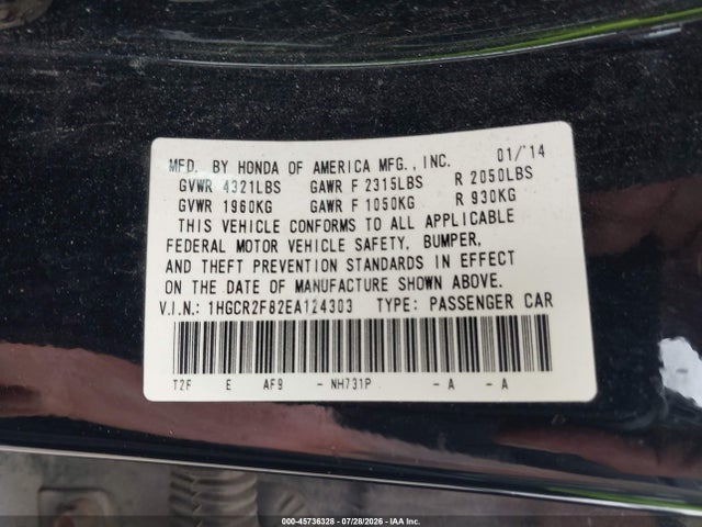 Продаж на аукціоні авто 2014 Honda Accord Ex-l, vin: 1HGCR2F82EA124303, номер лоту: 45736328