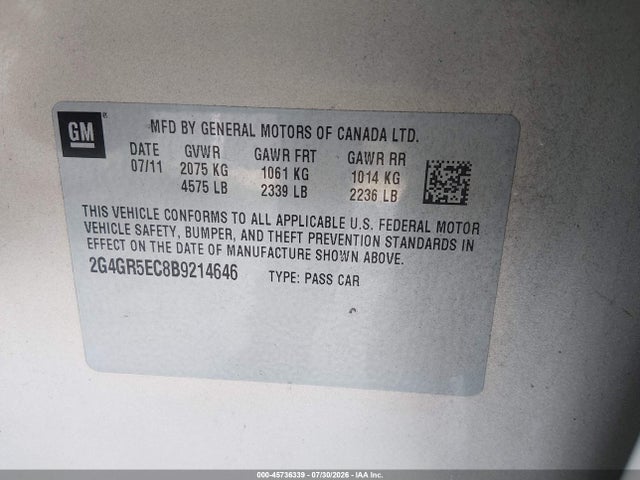Продажа на аукционе авто 2011 Buick Regal Cxl Oshawa, vin: 2G4GR5EC8B9214646, номер лота: 45736339