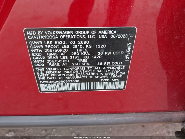 Продажа на аукционе авто 2024 Volkswagen Atlas 2.0t Se W/technology, vin: 1V2KR2CA9RC502806, номер лота: 45736352