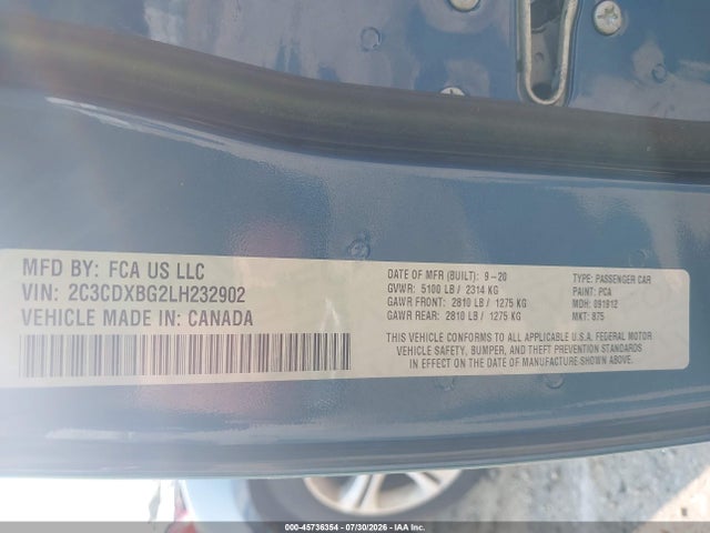 2020 Dodge Charger Sxt Rwd მანქანა იყიდება აუქციონზე, vin: 2C3CDXBG2LH232902, აუქციონის ნომერი: 45736354