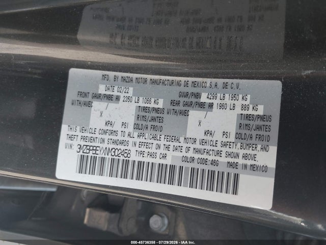 Aukcja sprzedaży 2022 Mazda Mazda3 Premium Plus, vin: 3MZBPBEYXNM302458, numer aukcji: 45736358