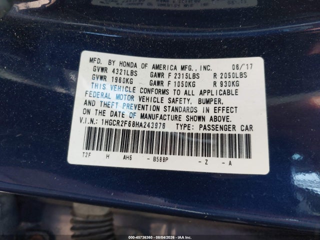 45736360 :رقم المزاد ، 1HGCR2F68HA243976 vin ، 2017 Honda Accord Sport مزاد بيع