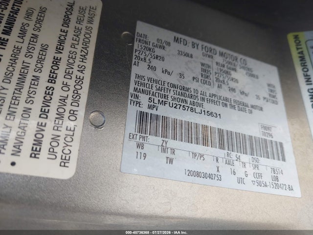 Продаж на аукціоні авто 2008 Lincoln Navigator, vin: 5LMFU27578LJ15631, номер лоту: 45736368