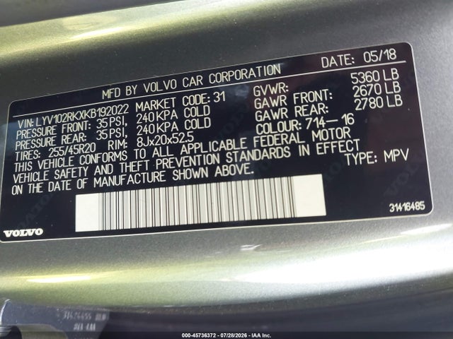 Продаж на аукціоні авто 2019 Volvo Xc60 T5 Momentum, vin: LYV102RKXKB192022, номер лоту: 45736372