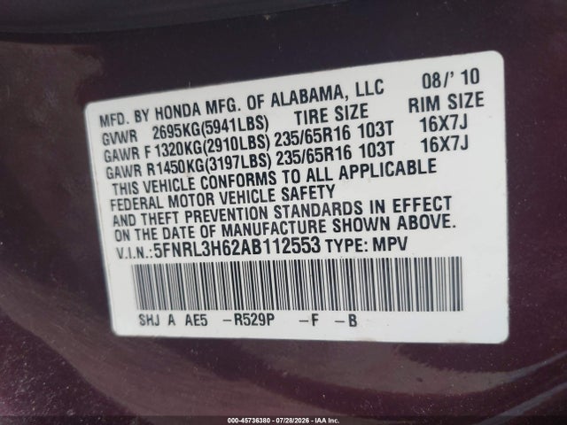 Продаж на аукціоні авто 2010 Honda Odyssey Ex-l, vin: 5FNRL3H62AB112553, номер лоту: 45736380