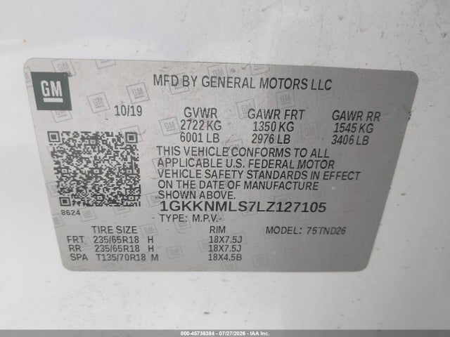 Продажа на аукционе авто 2020 Gmc Acadia Fwd Slt, vin: 1GKKNMLS7LZ127105, номер лота: 45736384