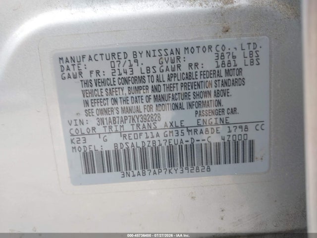 Продаж на аукціоні авто 2019 Nissan Sentra Sv, vin: 3N1AB7AP7KY392828, номер лоту: 45736400