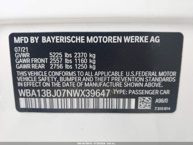 45736410 :رقم المزاد ، WBA13BJ07NWX39647 vin ، 2022 Bmw 530 I Xdrive مزاد بيع