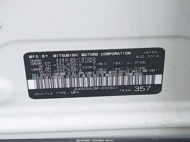 Aukcja sprzedaży 2019 Mitsubishi Outlander Sport 2.0 Se, vin: JA4AR3AU9KU000923, numer aukcji: 45736421
