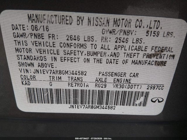 Продаж на аукціоні авто 2016 Infiniti Q50 3.0t Sport, vin: JN1EV7AR8GM344582, номер лоту: 45736427