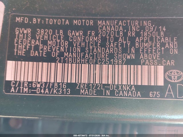 2T1BURHE0FC251987 Toyota COROLLA LE