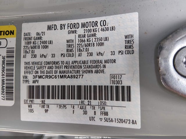 2021 Ford Bronco Sport Outer Banks მანქანა იყიდება აუქციონზე, vin: 3FMCR9C61MRA89277, აუქციონის ნომერი: 45736476