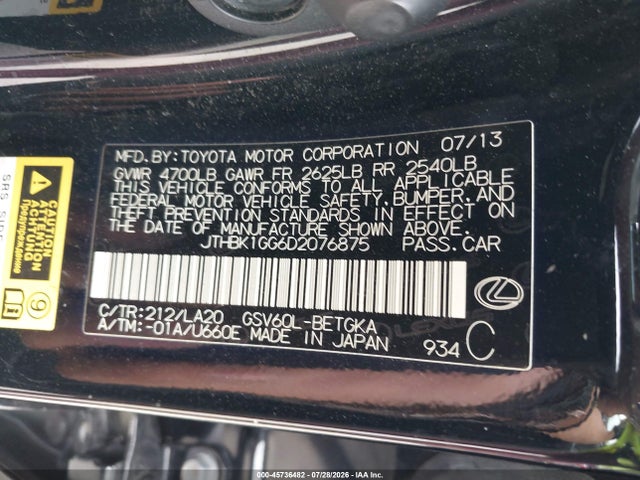 Aukcja sprzedaży 2013 Lexus Es 350, vin: JTHBK1GG6D2076875, numer aukcji: 45736482