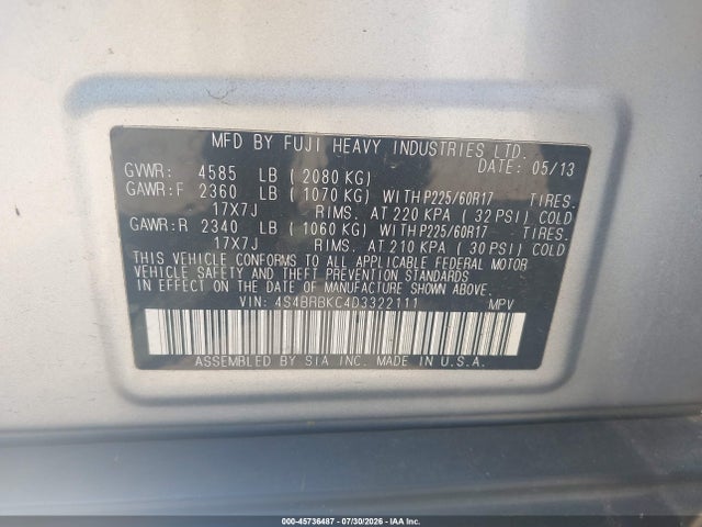2013 Subaru Outback 2.5i Limited მანქანა იყიდება აუქციონზე, vin: 4S4BRBKC4D3322111, აუქციონის ნომერი: 45736487