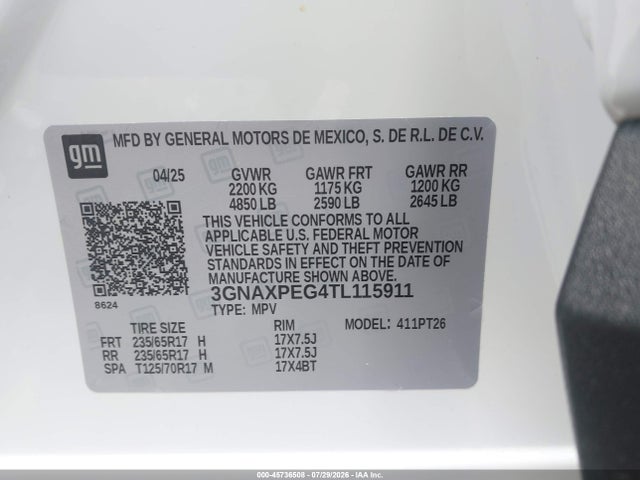 Aukcja sprzedaży 2026 Chevrolet Equinox Awd Lt, vin: 3GNAXPEG4TL115911, numer aukcji: 45736508