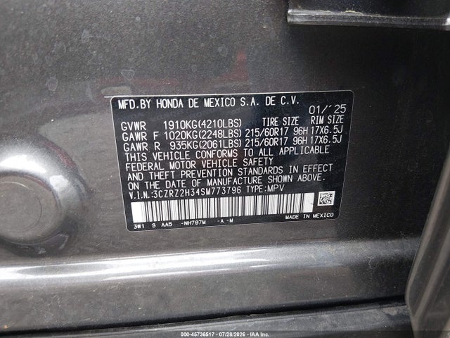 Aukcja sprzedaży 2025 Honda Hr-v Awd Lx, vin: 3CZRZ2H34SM773796, numer aukcji: 45736517